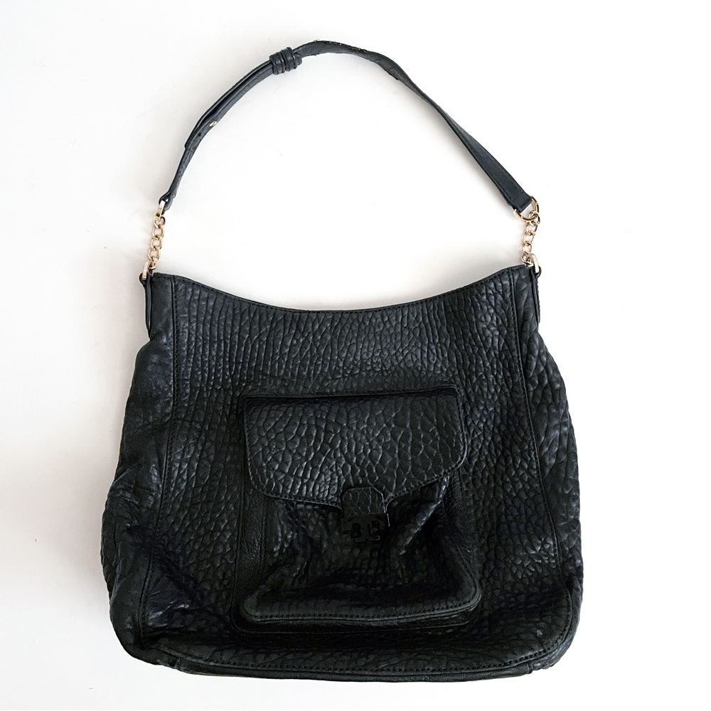 Tory Burch Front Pocket Pebbled Black Leather Slouchy Hobo Bag Gold Tone Chains